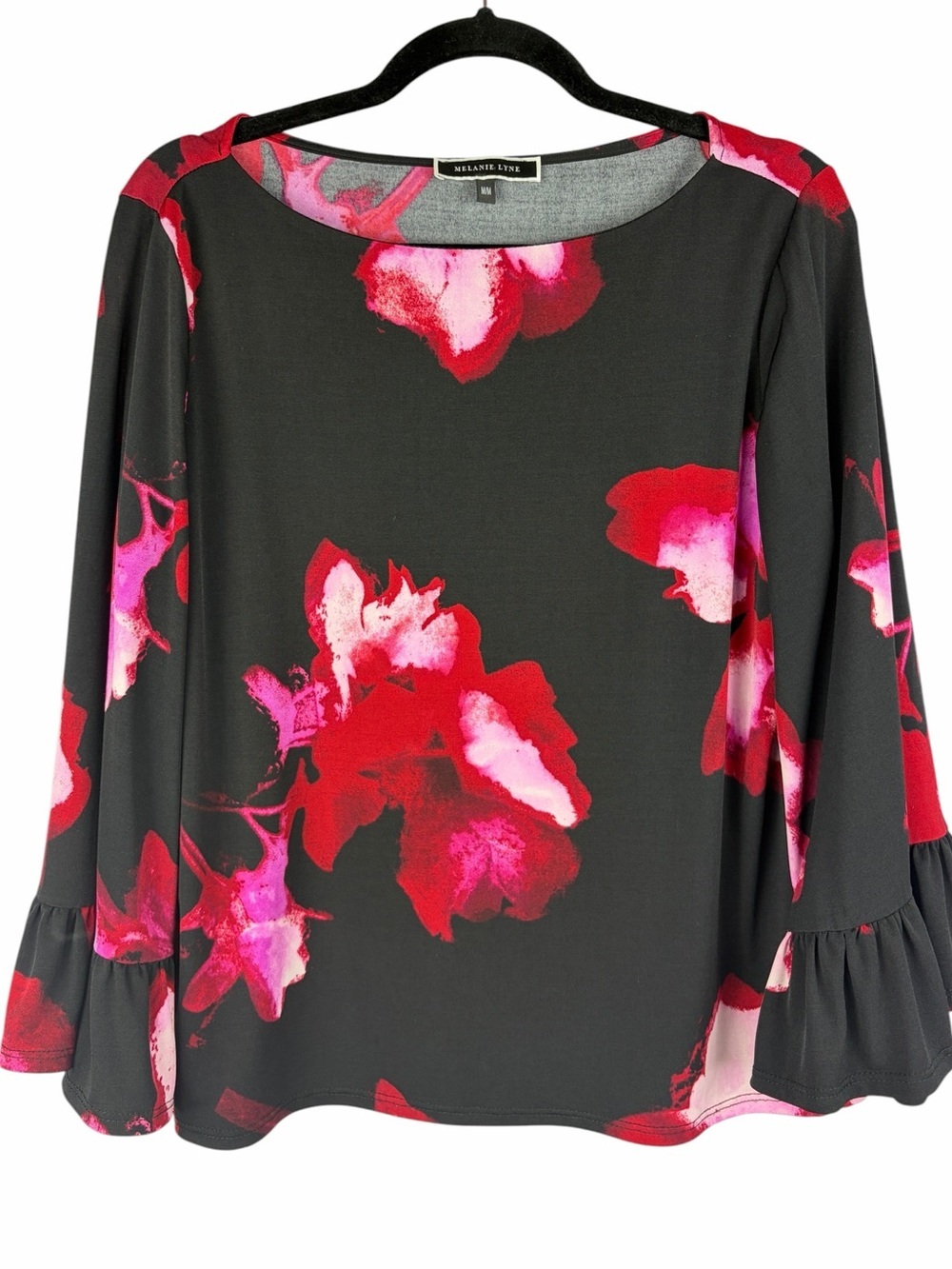 Melanie Lyne Black Floral Bell Sleeve Top Medium Pink Red Stretch Blouse